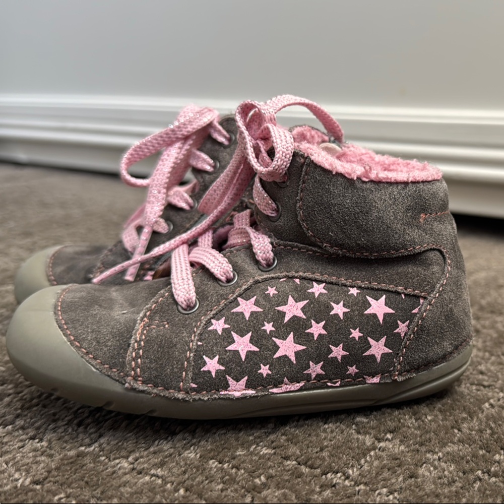 Gray and Pink Baby Walker Shoes with Star Pattern